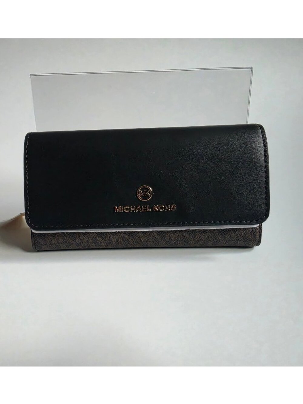 NWT Michael Kors Jet Set Large Trifold Travel Wallet Brown Logo/Black